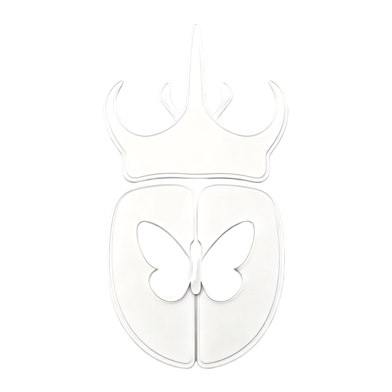 Minimalist white insect emblem logo combining butterfly and beetle elements with a crown-shaped top, featuring a clean 3D metallic style on a transparent background.