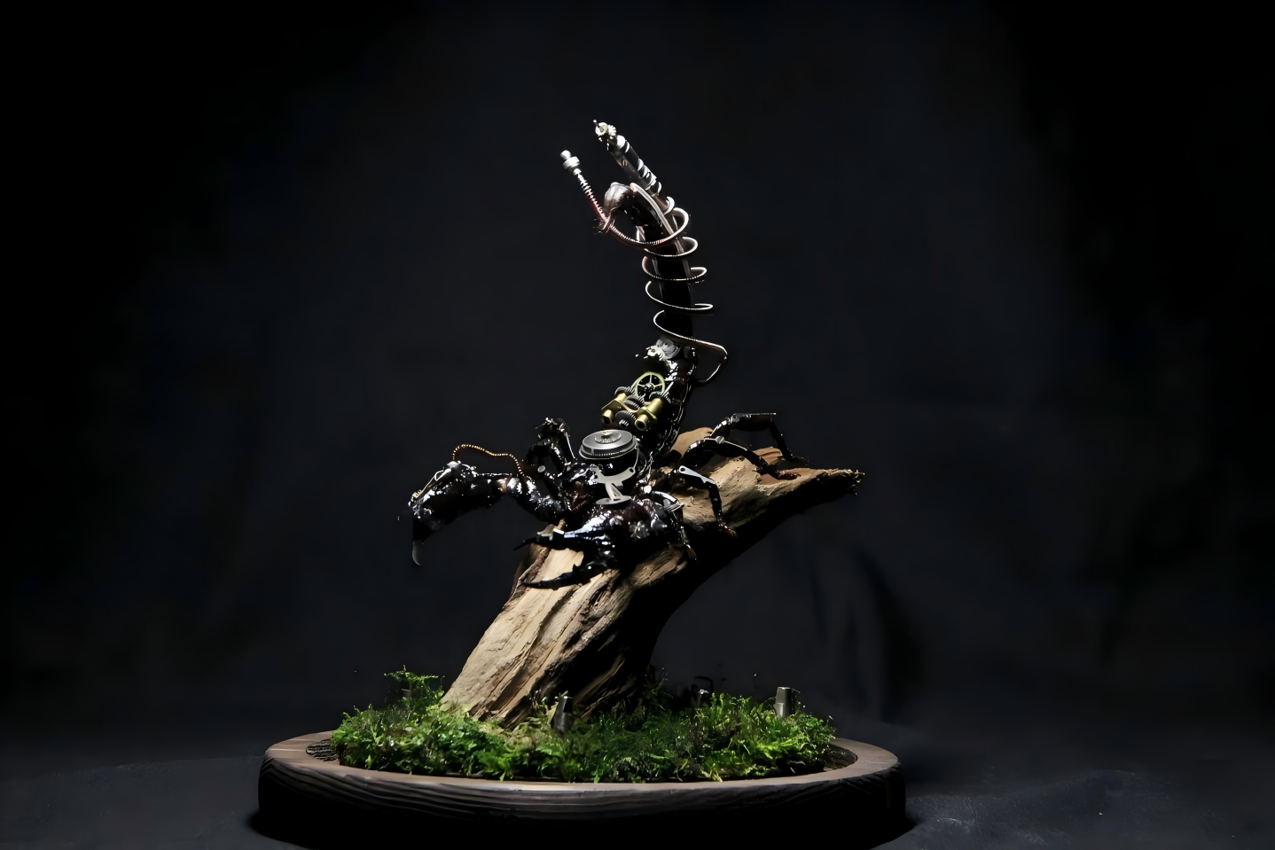 InsectArts Rare Masterpieces Collection main image: A steampunk style mechanical scorpion sculpture artwork. Composed of precision gears, springs, and metal components, perched on natural driftwood with moss against a dark background.