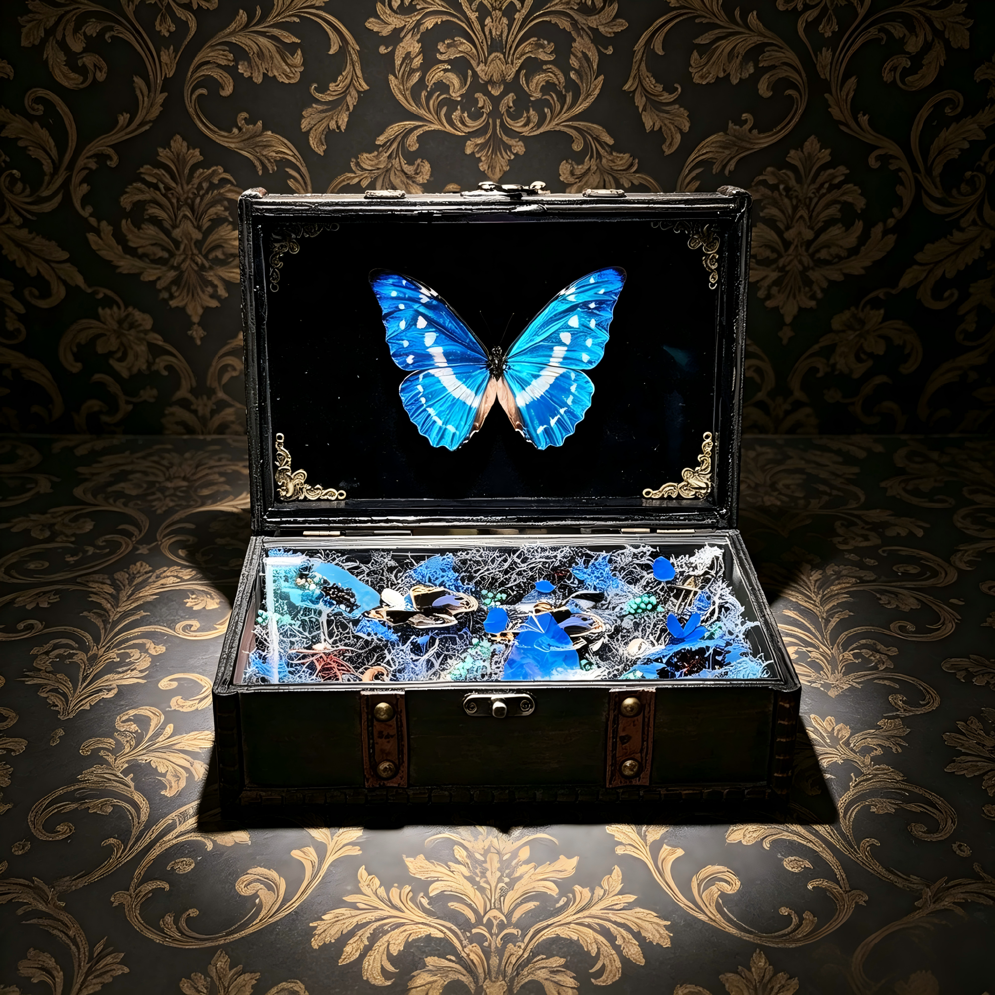 Enchanted Morpho Treasure Box – Crystal & Moss Curio