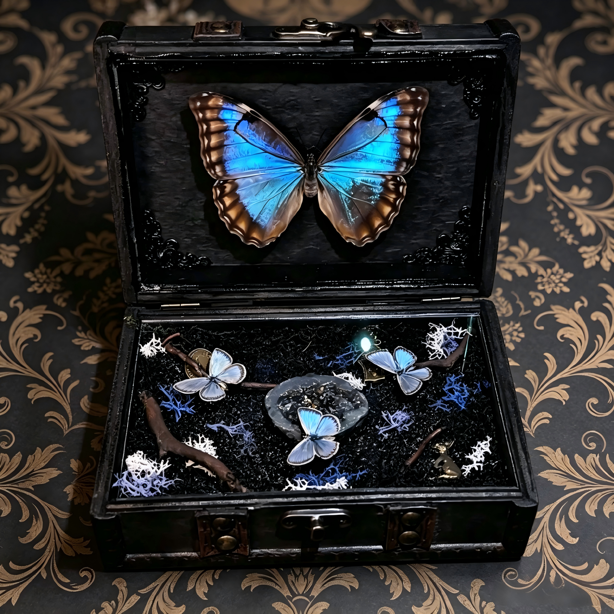 Dark Mystic Morpho Butterfly Treasure Box – Gothic Crystal Woodland Curio