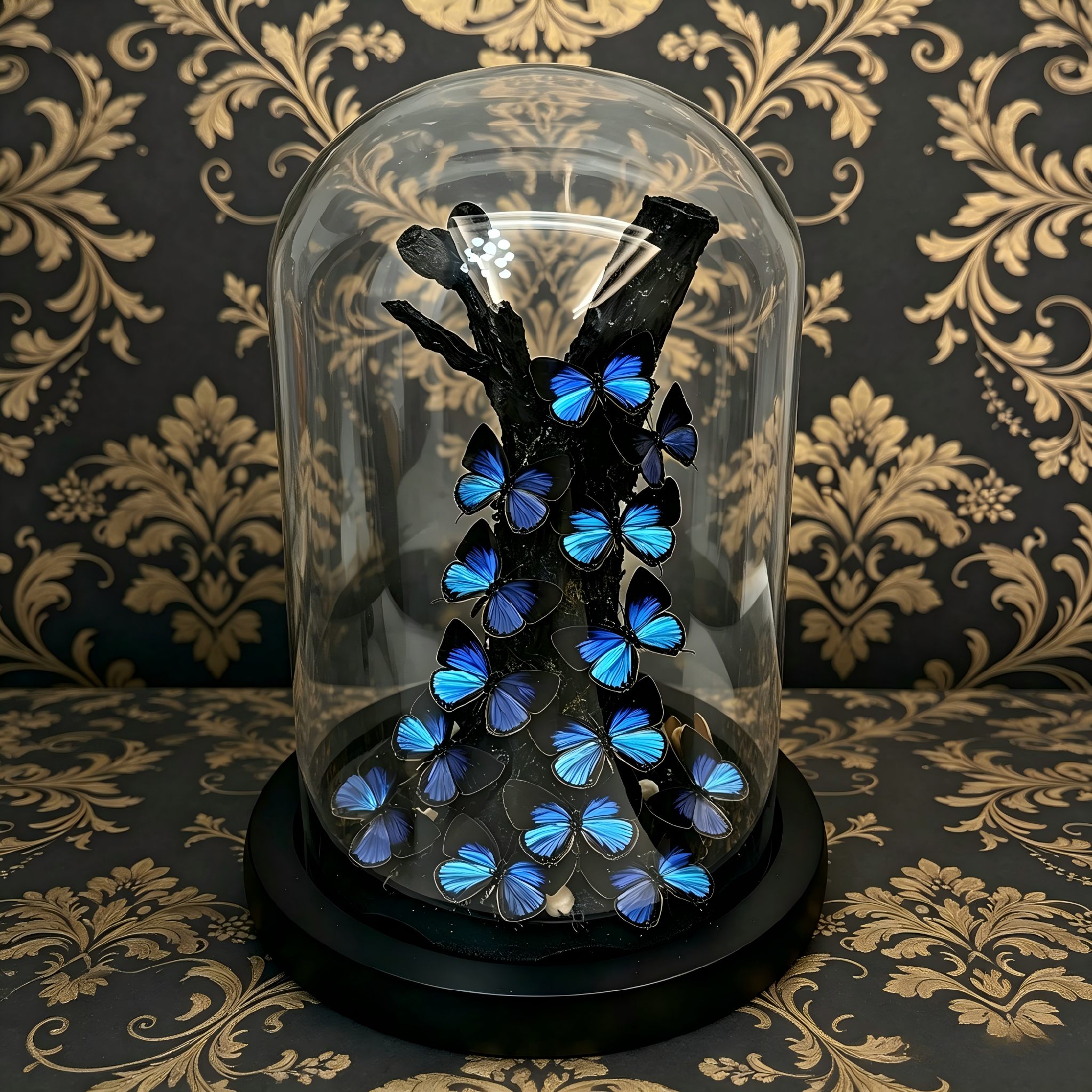 Iridescent Blue Butterfly Glass Cloche with Driftwood