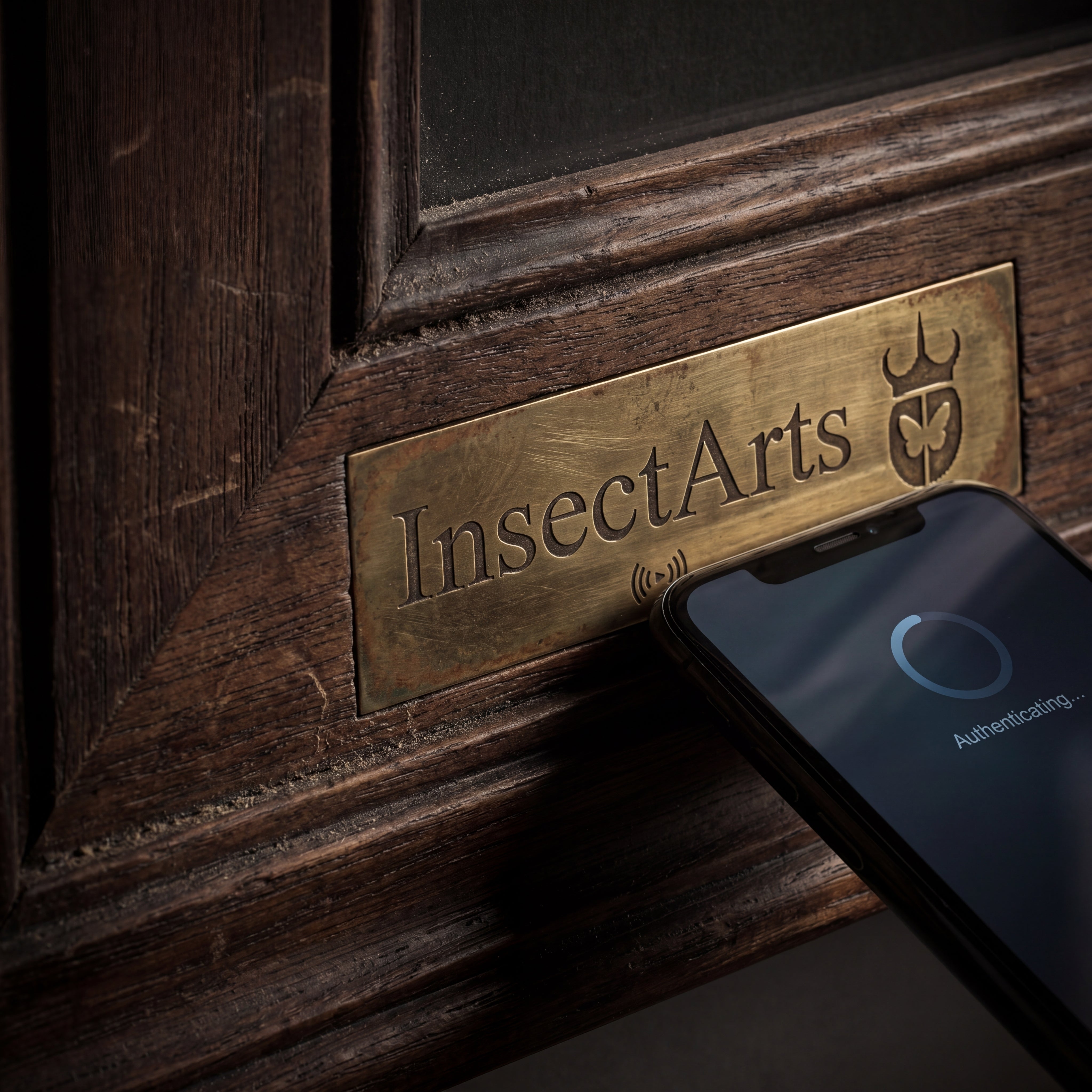"Hand holding a smartphone to activate an InsectArts brass plaque embedded in an entomology specimen display case, representing the intersection of nature art and digital technology."